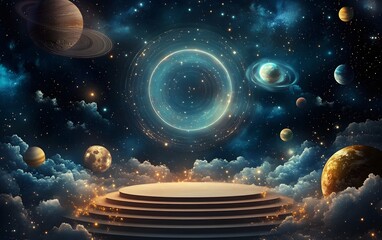 Wall Mural - a celestial podium surrounded by planets and stars, with cosmic energy flowing around it.