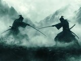 Samurai warriors clash amidst misty mountain landscape.