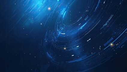 Glowing neon particles over deep blue waveforms, AI innovation concept for virtual reality dashboard visuals.