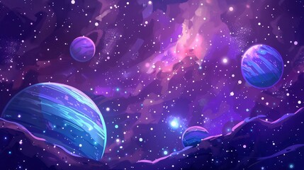 Illustration space planet fiction game on cartoon purple cosmic background. AI generated image 