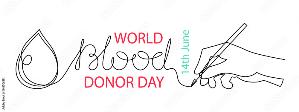 World Blood Donor Day one line art, giant droplet continuous contour ...