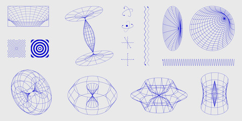 Blue wireframe geometric structures, atomic orbits, waveforms and energy field diagrams arranged in a minimalist composition. Science. Modern aesthetics, minimalist art. Vector design for posters, ads