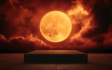 Wall Mural - a podium set against a backdrop of a fiery eclipse, casting dramatic shadows.