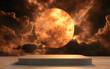 Wall Mural - a podium set against a backdrop of a fiery eclipse, casting dramatic shadows.