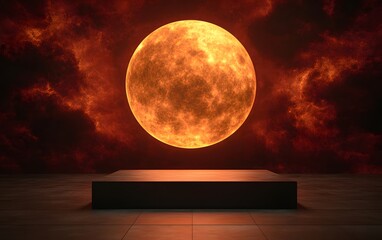 Wall Mural - a podium set against a backdrop of a fiery eclipse, casting dramatic shadows.