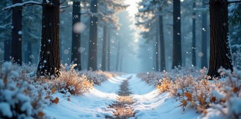 Wall Mural - snowflakes gently fall on a serene forest path, nature, serene forest