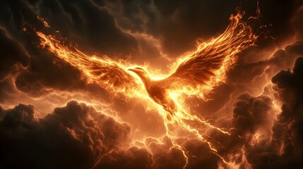 Wall Mural - A glowing firebird soaring through a dark stormy sky, leaving a blazing trail behind