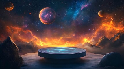 Wall Mural - a celestial podium resting on a floating asteroid, surrounded by glowing nebulae and distant planets