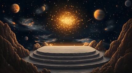 Wall Mural - a celestial podium resting on a floating asteroid, surrounded by glowing nebulae and distant planets