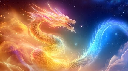 Wall Mural - a crystalline dragon coiling around a glowing tower of energy, its scales reflecting rainbow light