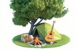 © Halyna - Camping Scene with Tent, Campfire, and Guitar under a Tree