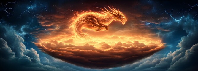 Wall Mural - a colossal dragon made of crystalline energy, flying over a floating island surrounded by storm clou
