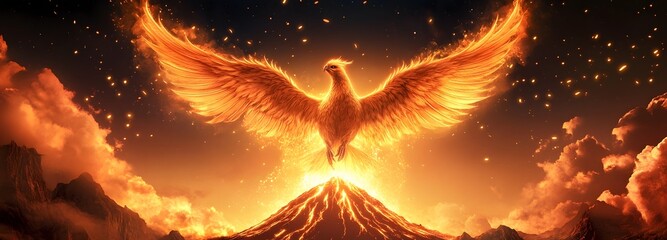 Wall Mural - A mythical phoenix with fiery feathers soaring over an erupting volcano, its wings scattering embers across the sky