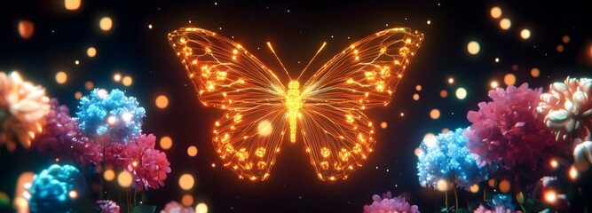 Wall Mural - a neon cybernetic butterfly fluttering through a holographic garden filled with shimmering virtual f