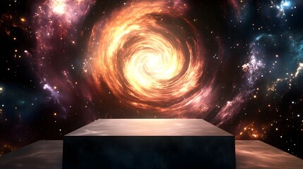 Wall Mural - a podium in the heart of a black hole, surrounded by swirling gravitational waves.