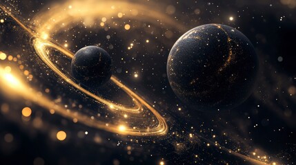 Wall Mural - Two planets with golden rings in a dark space.