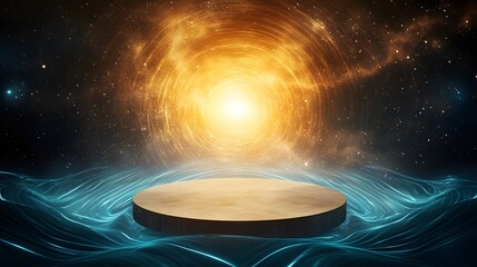 Wall Mural - a podium floating in the middle of a cosmic portal, surrounded by energy waves.