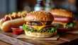 © Alex - A delicious double cheeseburger with lettuce and a hot dog topped with mustard are served on a wooden board, accompanied by ketchup, embodying the festive and indulgent spirit of Independence Day