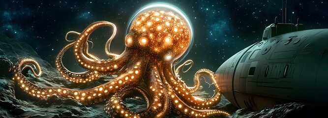 Wall Mural - a cyber-enhanced octopus wrapping its metallic tentacles around an abandoned submarine in deep space