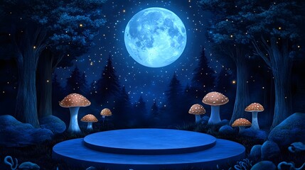 Wall Mural - a podium in a moonlit forest, surrounded by glowing mushrooms and mystical creatures.