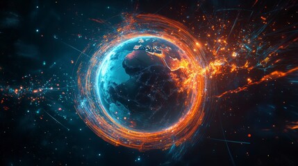 Poster - Fiery, swirling energy surrounds a digital Earth globe, representing global connectivity and technology.
