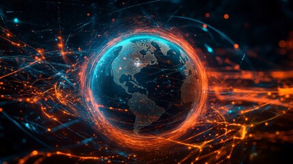 Fototapete - Global network connection, digital earth with glowing lines.