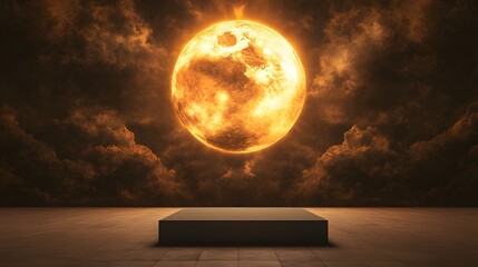 Wall Mural - a podium standing in the middle of a fiery eclipse, casting dramatic shadows.