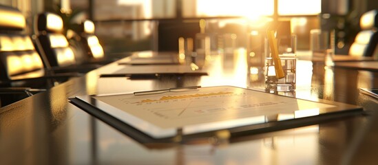 Wall Mural - sunset illuminates a conference table with financial documents and glasses of water.