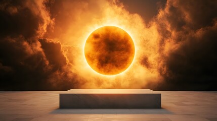 Wall Mural - a podium standing in the middle of a fiery eclipse, casting dramatic shadows.