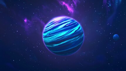 Vibrant blue and purple planet in outer space with nebula.