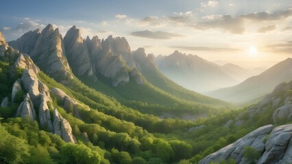 a breathtaking landscape view of a mountainous region at sunrise.