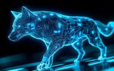 Wall Mural - A biomechanical wolf with glowing blue circuitry running through its sleek metallic body, prowling through a neon-lit digital jungle