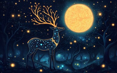 Wall Mural - A mystical deer with crystal antlers standing in a dreamlike glowing forest under the light of a giant moon