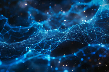 Wall Mural - this image illustrates a dynamic and intricate network of blue glowing nodes and connections against