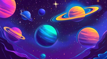 Wall Mural - Vibrant illustration of planets, stars, and nebula in outer space.