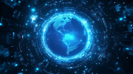 Fototapete - Futuristic digital globe encased in glowing blue energy rings.