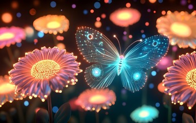 Wall Mural - A neon cybernetic butterfly fluttering through a holographic garden filled with shimmering digital flowers