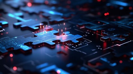 A digital puzzle with pieces representing various APIs, connecting seamlessly within a holographic, high-tech matrix, symbolizing interoperability and data exchange.