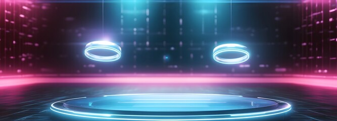 Wall Mural - a high-tech floating podium with levitating rings, glowing with futuristic energy.