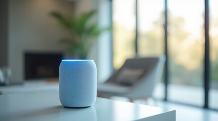 wide view of smart speaker with blue led on white table