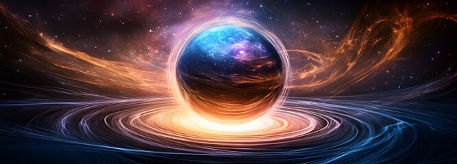 Wall Mural - a podium positioned inside a swirling black hole, surrounded by cosmic distortions.