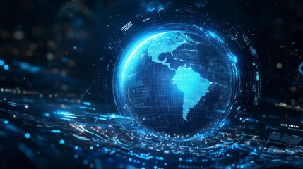 Fototapete - Futuristic digital globe with glowing lines and data streams.