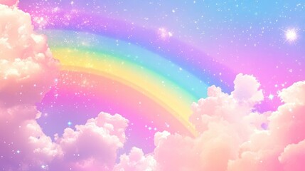 Aufkleber - Pastel rainbow arch in dreamy sky with fluffy clouds and sparkling stars.