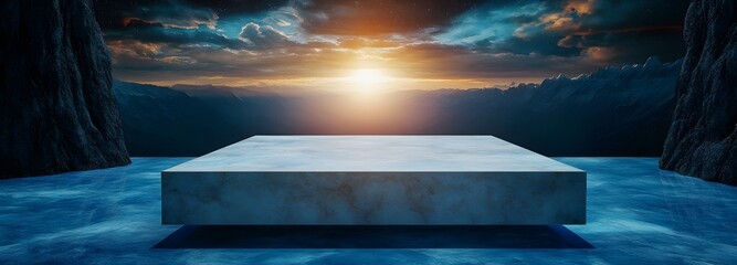 Wall Mural - a podium floating in an endless void, reflecting infinite alternate realities.