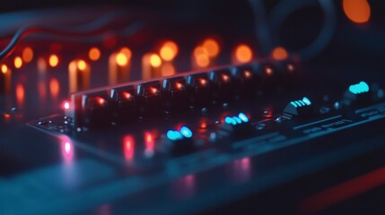 Poster - Close-up of illuminated electronic circuit board with glowing LEDs and buttons.
