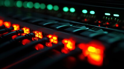Aufkleber - Close-up of illuminated server rack with network cables and lights.