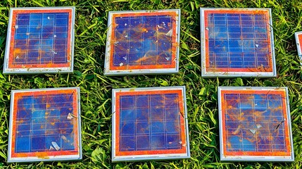 Array of Solar Panels Installing on Lush Green Grass Under Bright Blue Sky
