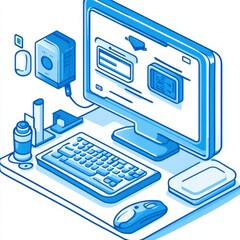 Leinwandbilder - Minimalist Isometric Desktop Setup with Blue Outlines: A Clean and Modern Workplace Illustration