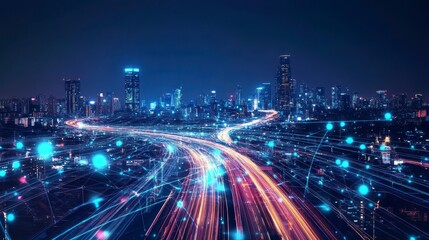 Aufkleber - Night cityscape with illuminated roads and digital network connections.