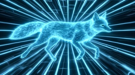 Wall Mural - A ghostly fox with glowing blue flames running across a neon bridge suspended in a void